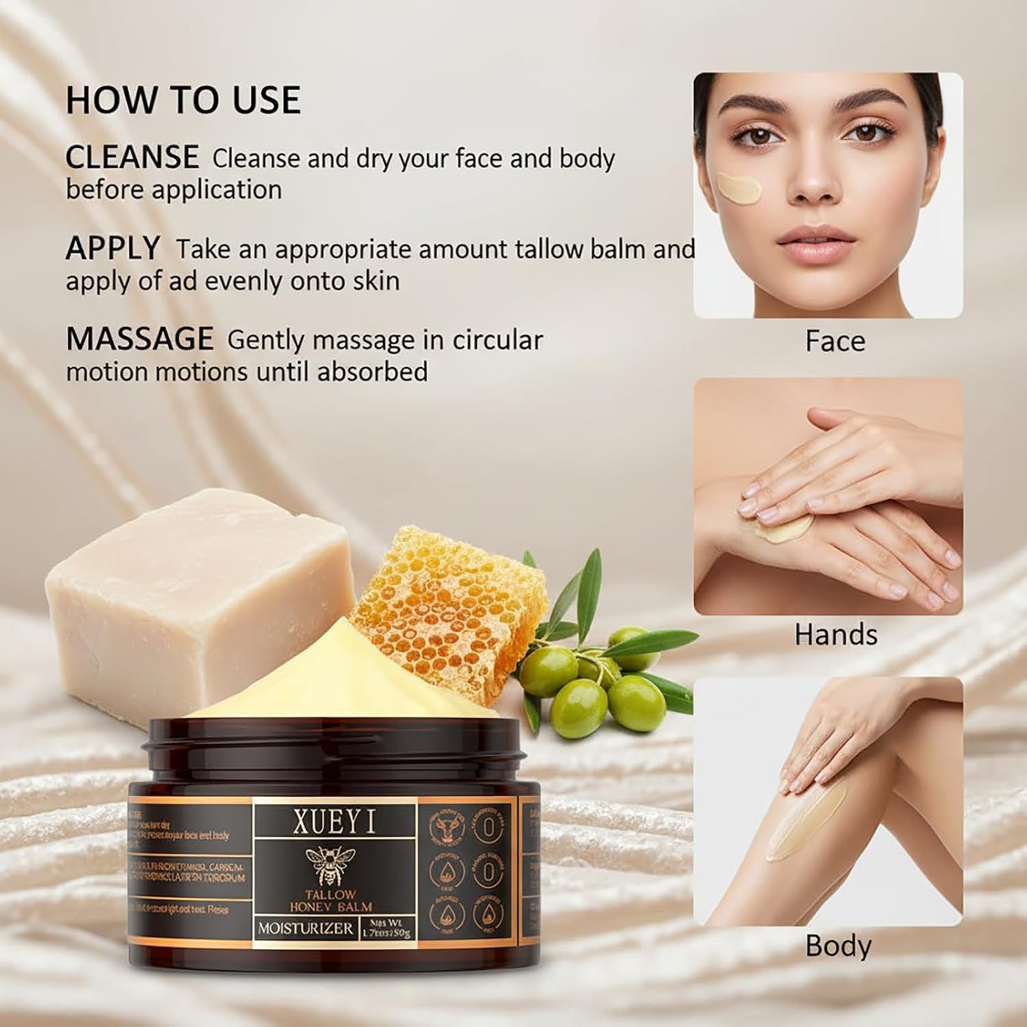 Tallow and Honey Balm - Beef Tallow for Skin, Moisturizer with Organic Grass-Fed Beef Tallow & Raw Wild Honey, Keep Skin Moist, All-Natural Moisturizer（2 Pack, 3.52Oz）