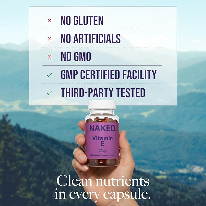 Naked Vitamin E 400 IU – Natural Vitamin E Supplement with Mixed Tocopherols for Antioxidant Support and Skin Health – 100 Softgels