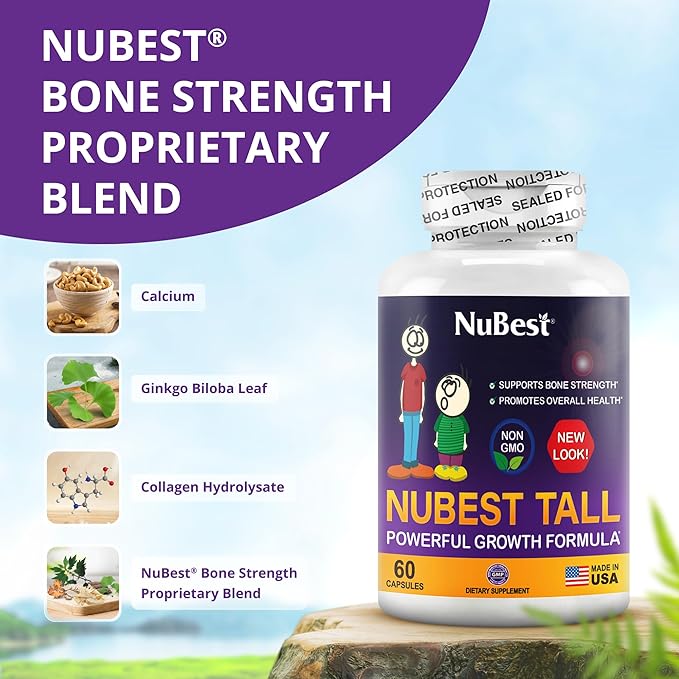 NuBest Tall | Support Bone Strength, Bone Health, Enhanced Immune and Whole Body Wellness with Calcium, Collagen, and Herbs for Ages 5+ & Teens | 60 Capsules