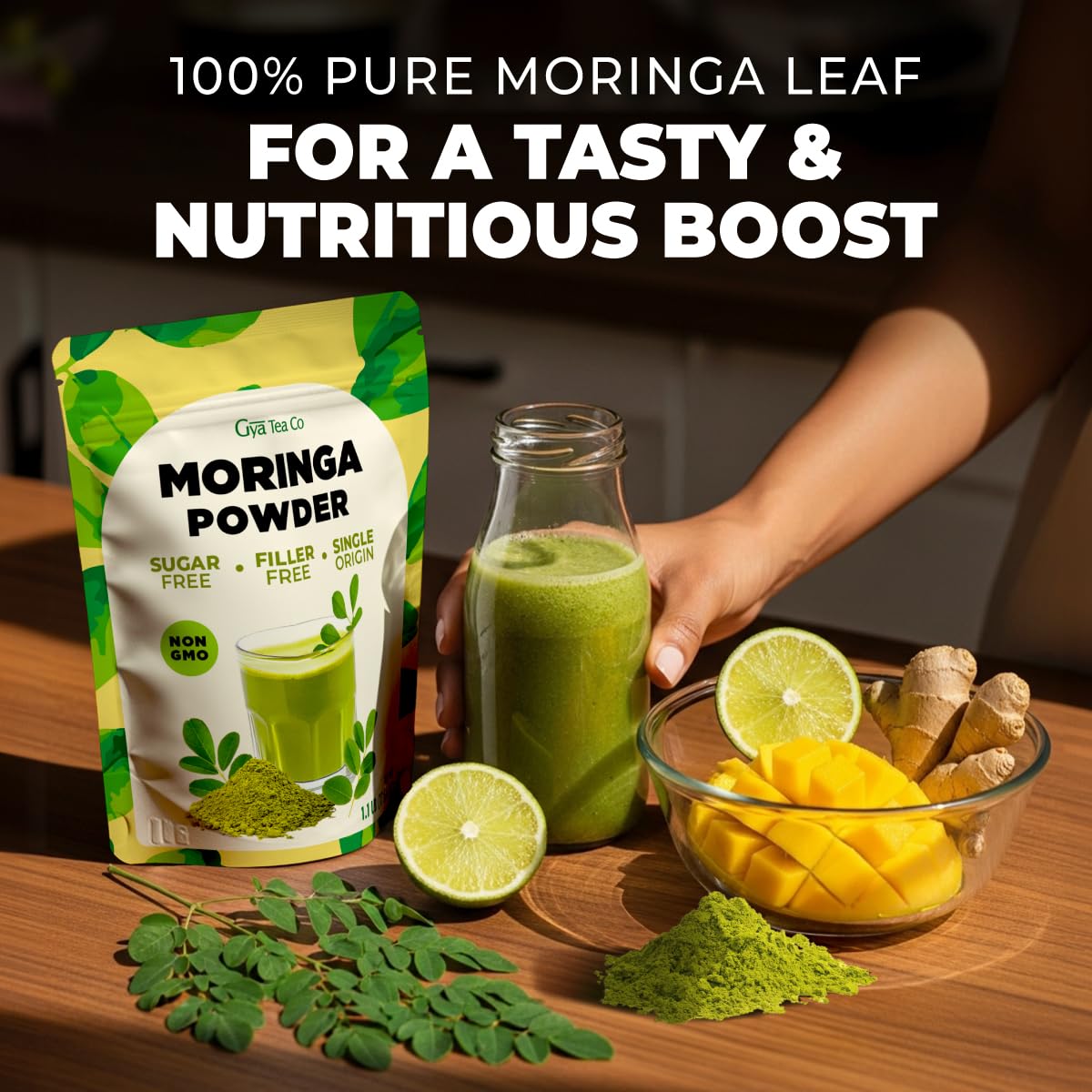 Gya Tea Co Moringa Powder 1.1lb (17.64 Oz) – 100% Pure & Tasty Moringa Oleifera Leaf Powder – Superfood for Smoothies, Drinks, Tea, Recipes – Great For Overall Wellness – Non GMO, Gluten Free, Vegan