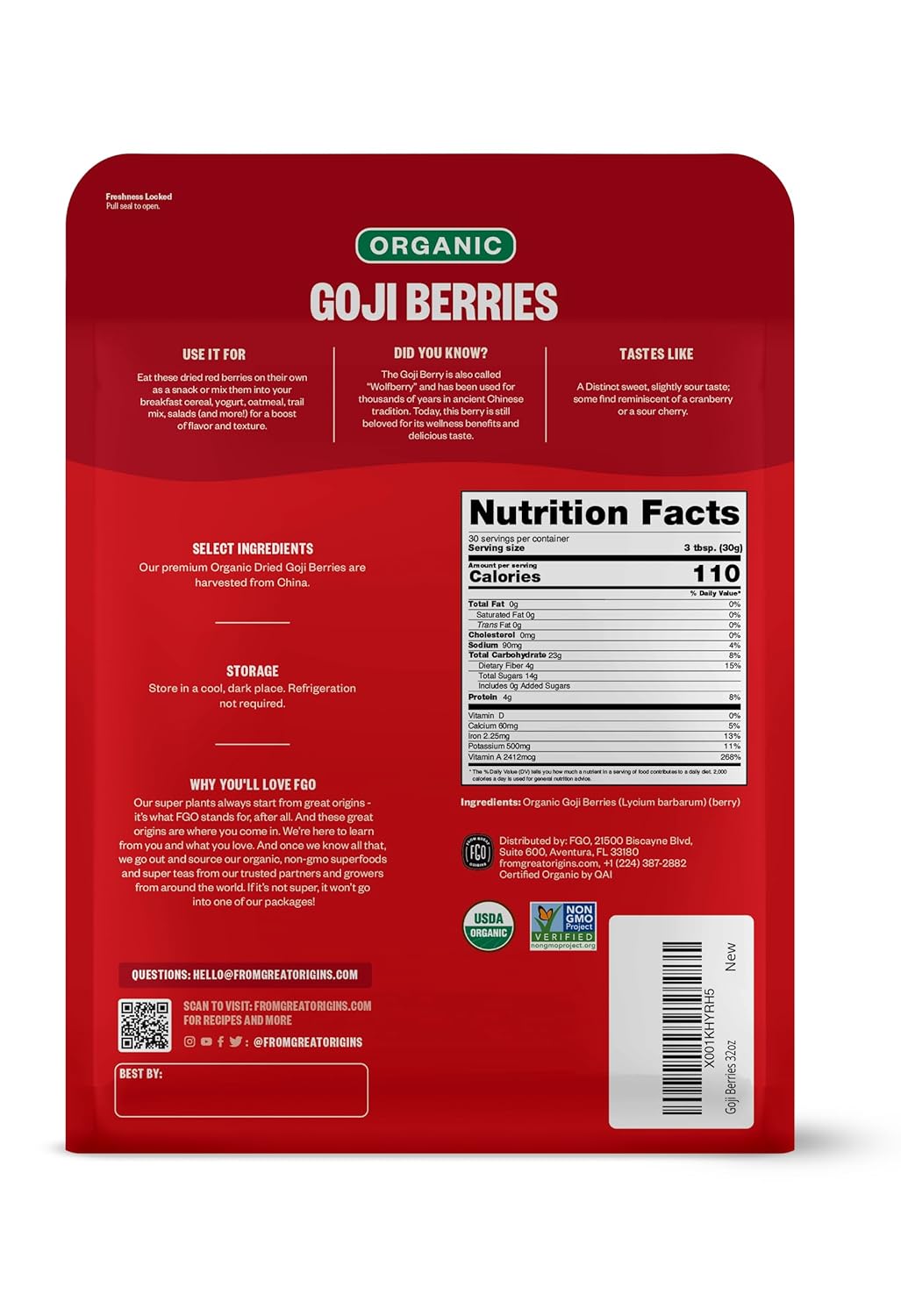 FGO Organic Goji Berries, Large & Chewy, from Ningxia, 32oz (Pack of 1)