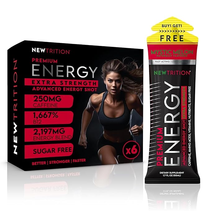 NewTrition® Extra Strength Energy Shots 1.7 fl oz - 250mg Caffeine with B Vitamins & Amino Acids, Sugar-Free Zero Calorie Vitamin Energy Drink for Focus & Endurance (Pack of 24, 8 Flavors - Mixed 1&2)