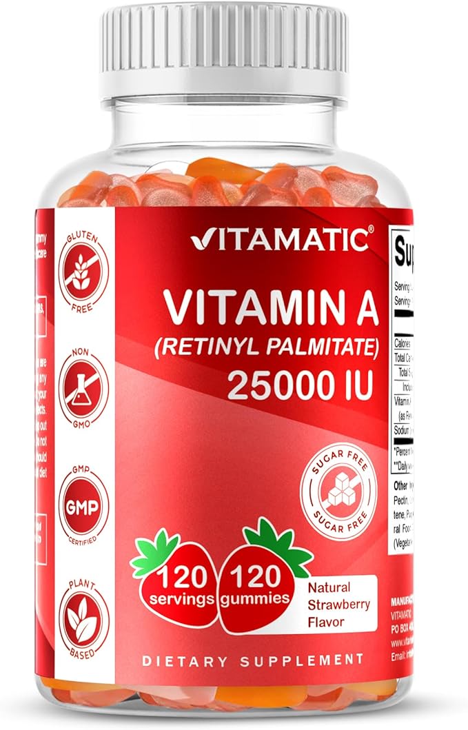 Vitamatic Sugar Free Vitamin A 25000 IU Gummies (Retinyl Palmitate) - Natural Strawberry Flavor - 120 Pectin Based Gummies (1 Bottle)