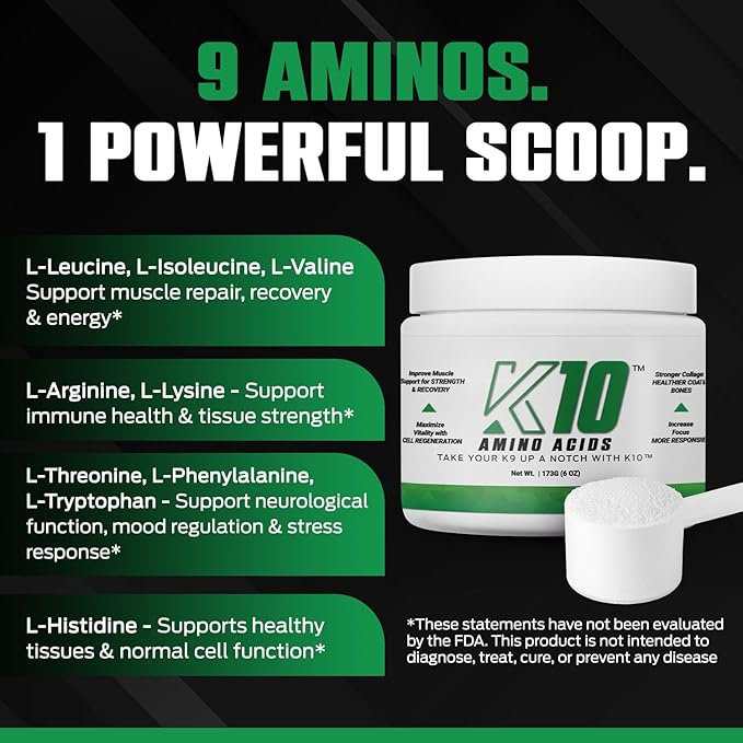 K10 Amino Acids for Dogs – All-in-One Cellular-Level Amino Acids Supplement for Joints, Muscles, Immunity, Digestion, Skin & Coat – Dog Supplement to Support Vitality, Strength, Recovery & Wellness
