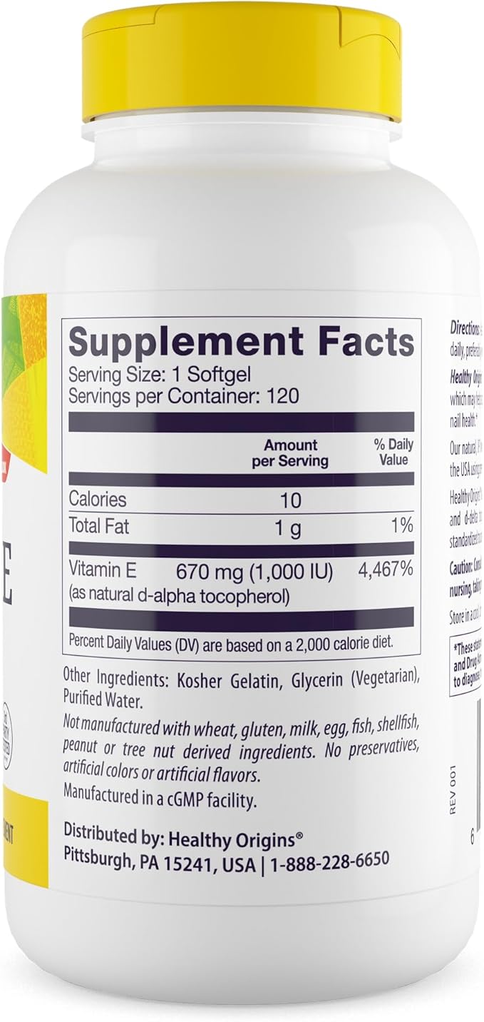 Healthy Origins Vitamin E, 1,000 IU (Natural) Mixed Tocopherols - Vitamin E Supplement - Gluten-Free & Non-GMO Skin, Hair & Nails Vitamin - 120 Softgels