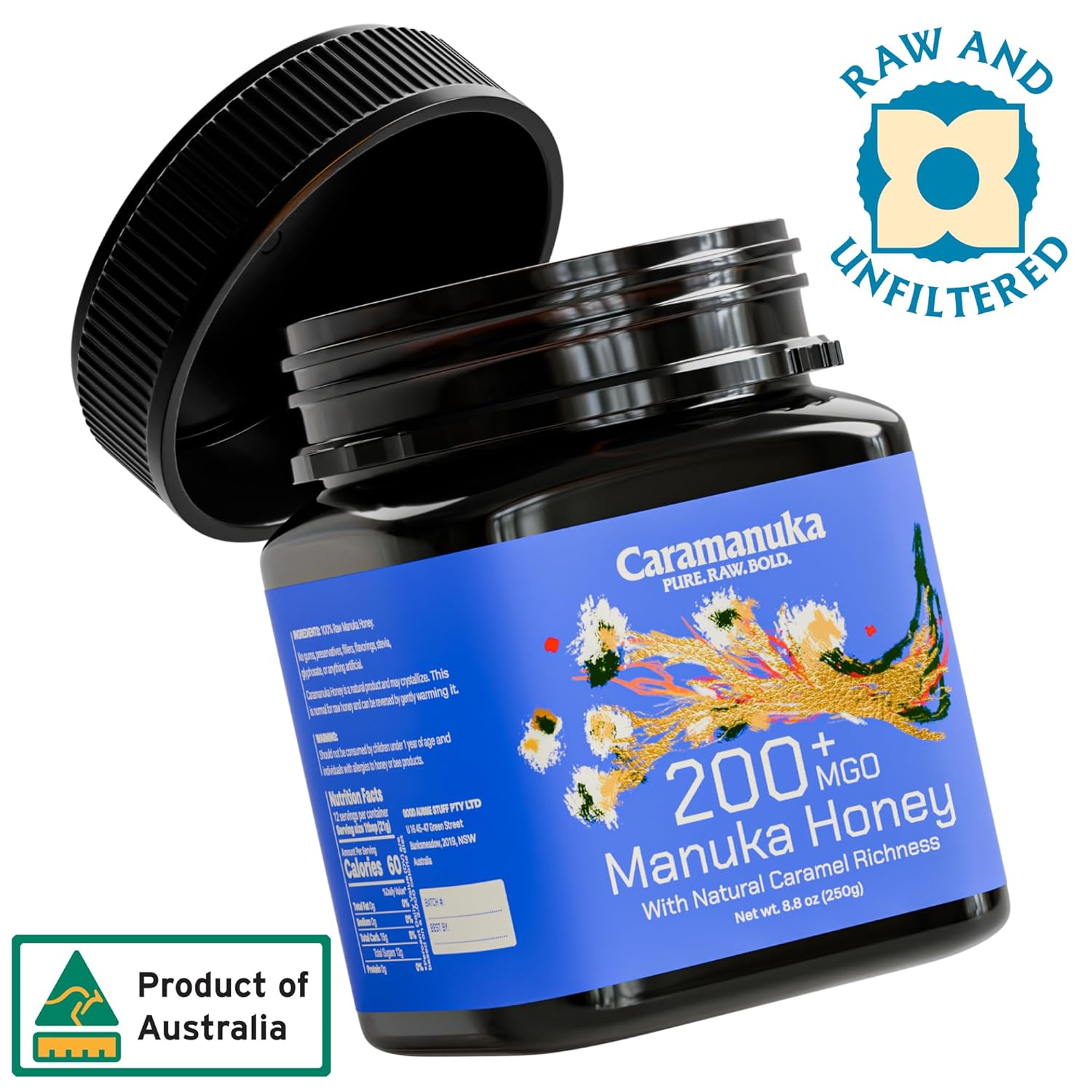 Caramanuka Manuka Honey MGO 200 – 100% Raw & Unfiltered Australian Honey, Independently Lab-Tested for MGO & Glyphosate, Bold Caramel-Like Flavor, 8.8 oz (250g)