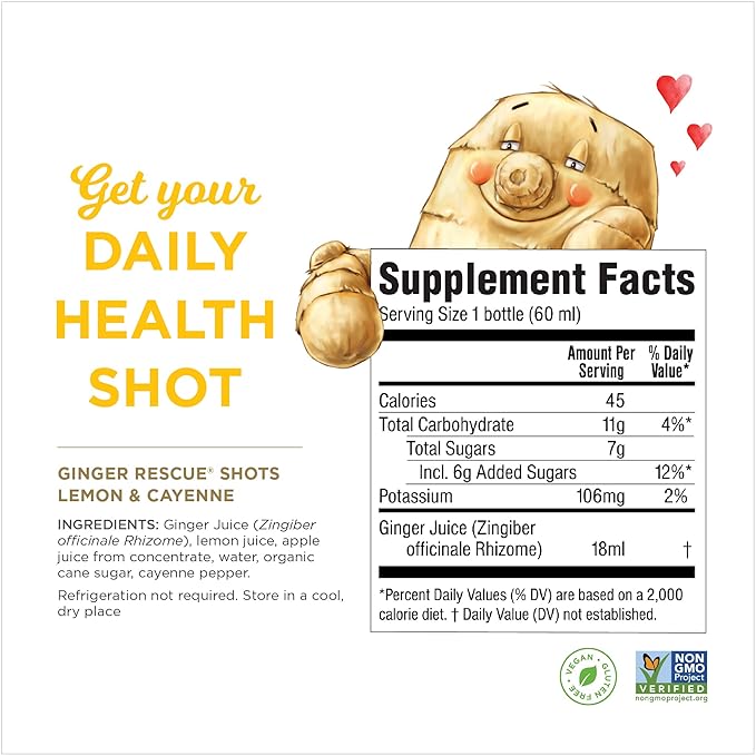 Ginger Rescue Shots by The Ginger People – Energy Boosting, Caffeine Free Energy, Digestive Heath, Lemon Cayenne Flavor, 2 Fl Oz (Pack of 144)