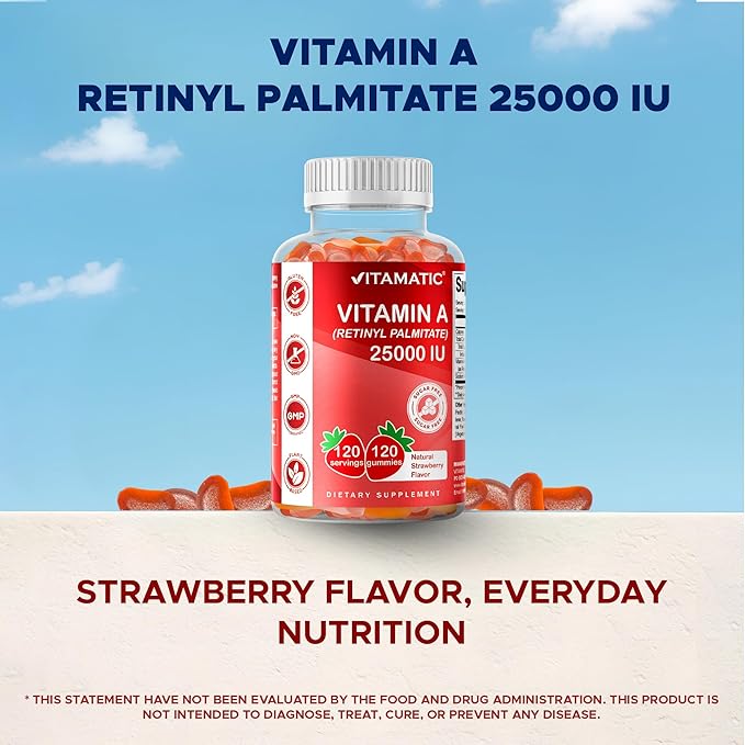 Vitamatic Sugar Free Vitamin A 25000 IU Gummies (Retinyl Palmitate) - Natural Strawberry Flavor - 120 Pectin Based Gummies (1 Bottle)