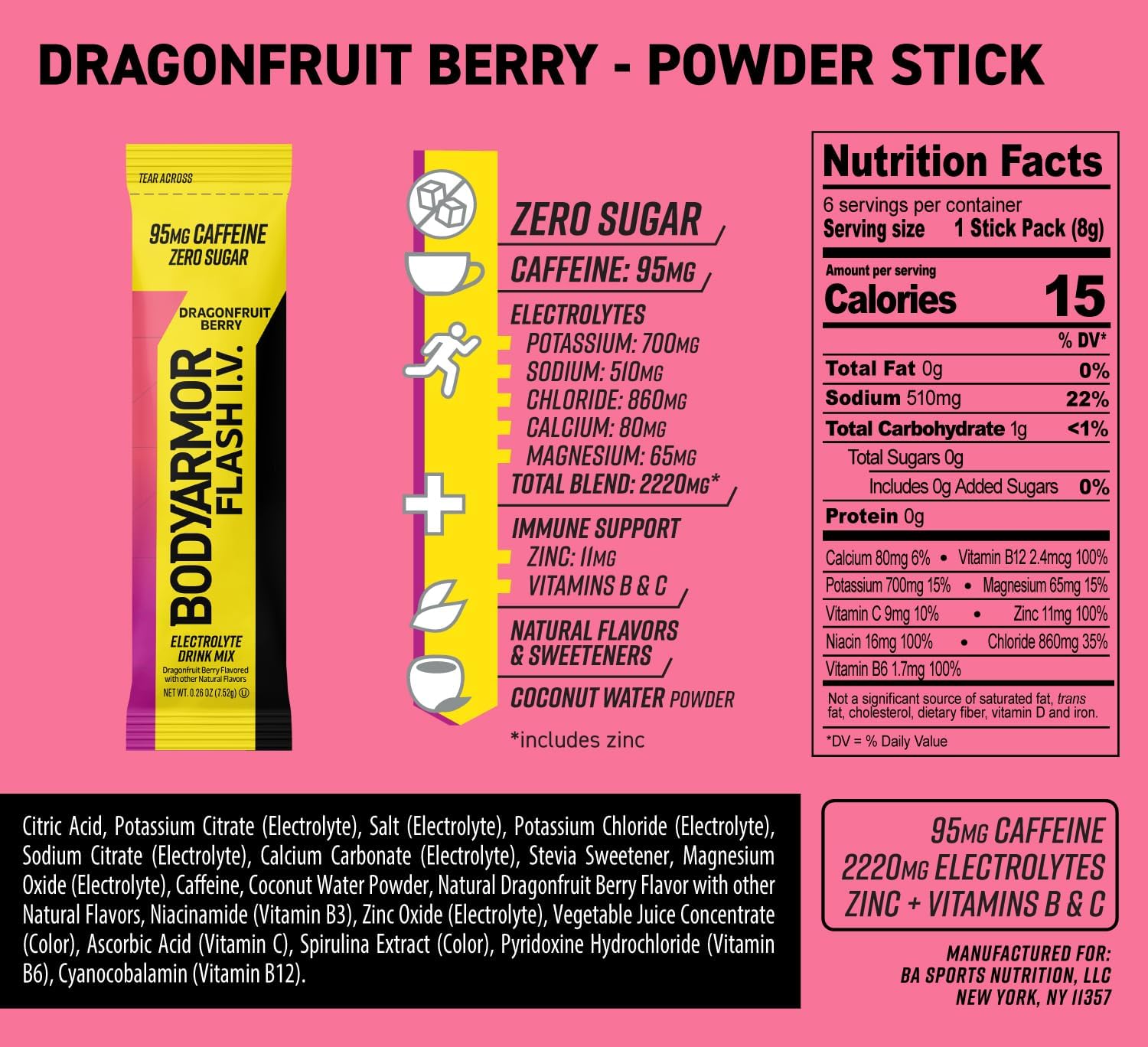 BODYARMOR Caffeinated Flash I.V. Electrolyte Packets - Dragonfruit Berry - Zero Sugar Energy Drink Mix, Single Serve Packs, Hydration for Pre Workout, Travel Essentials, Active Lifestyle (6 Count)