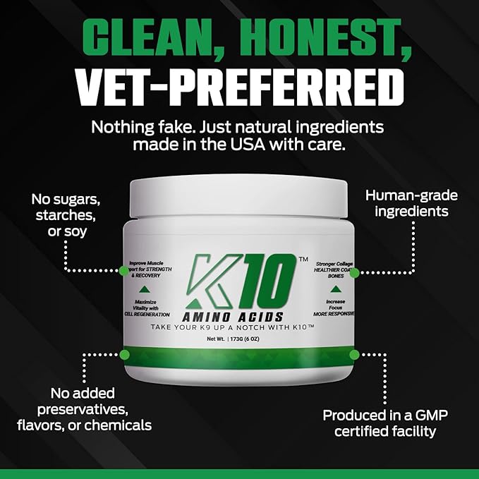 K10 Amino Acids for Dogs – All-in-One Cellular-Level Amino Acids Supplement for Joints, Muscles, Immunity, Digestion, Skin & Coat – Dog Supplement to Support Vitality, Strength, Recovery & Wellness