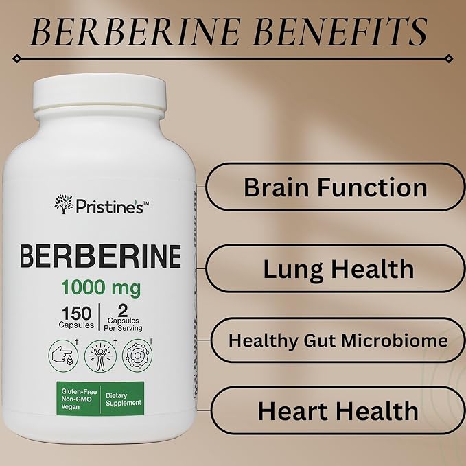 PRISTINE'S Berberine Supplement Capsules - 1000 MG 75 Day Supply 150 Capsules - Heart, & Immunity Health Support Antioxidant - Digestive Tract & Healthy Gut Flora Support