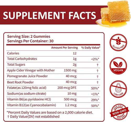 (1 Pack) Apple Cider Vinegar Gummies | Keto ACV Gummies for Supports Metabolism & Fat Burn with Vitamin B6 & B12 | ACV Supplement | Lemon Honey Flavor | 60 Vegan for Women and Men