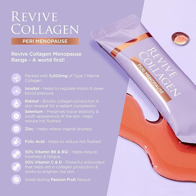 Revive Collagen Perimenopause — Hydrolyzed Marine Collagen Drink for Women, 5,000MG, Inositol, Selenium, Vitamin B6-B12, C & D, Supports Skin Health, Reduces Fatigue, Passionfruit Flavour — 28 Sachets
