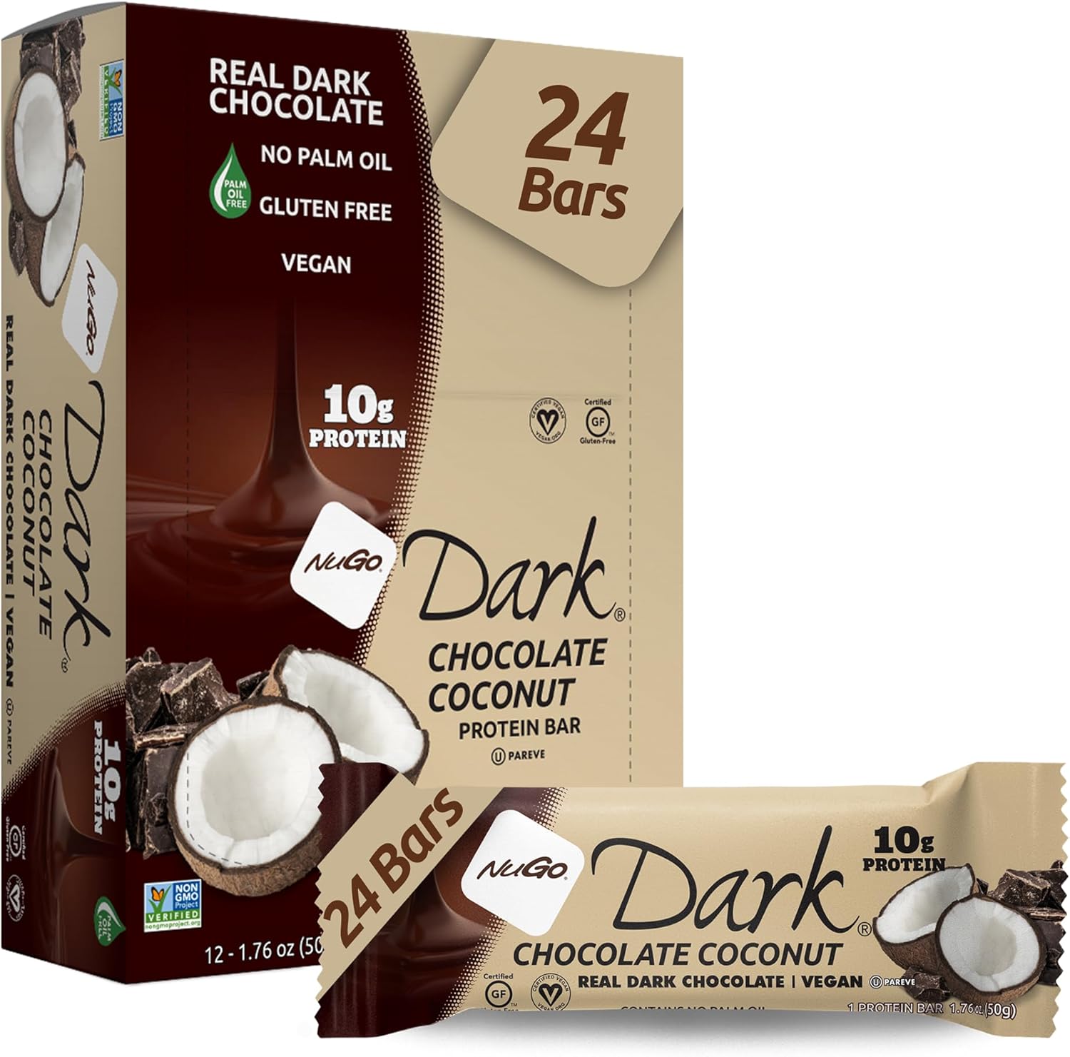 NuGo Dark Chocolate Coconut, 10g Protein Bar, Vegan, Gluten Free, Non-GMO, Kosher Pareve, 24 Count