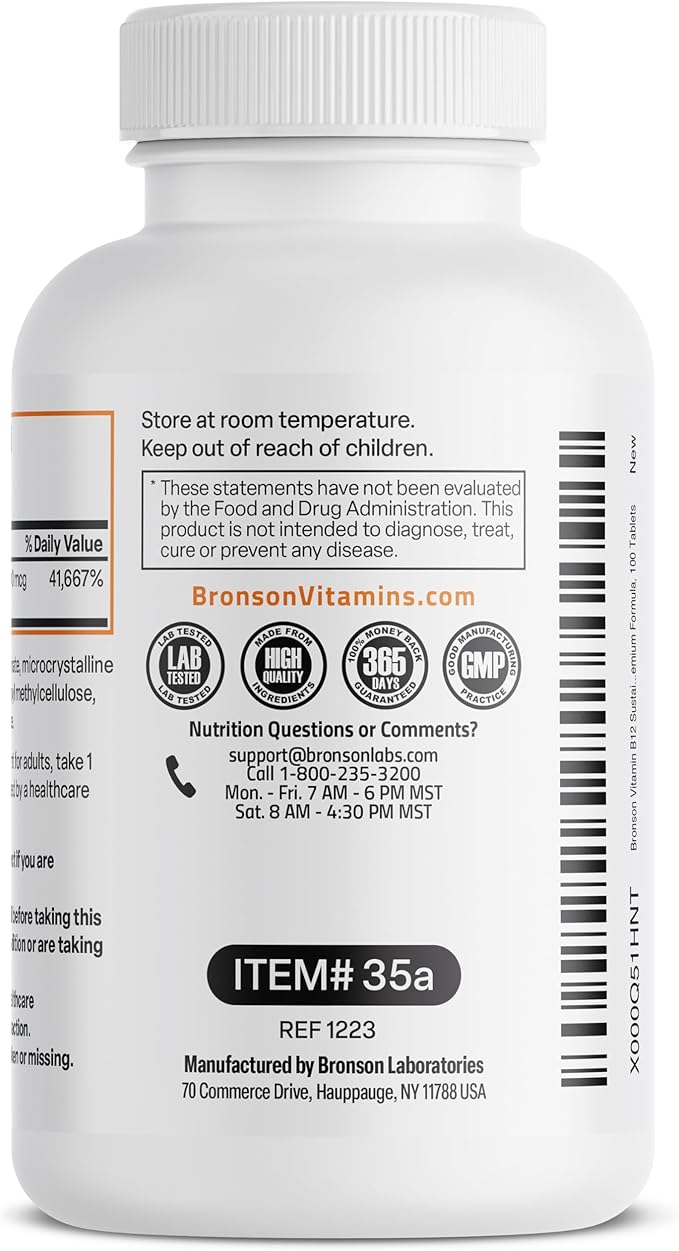 Bronson Vitamin B12 1000 mcg Sustained Release Premium Non GMO Tablets Supports Nervous System, Healthy Brain Function and Energy Production, 100 Count