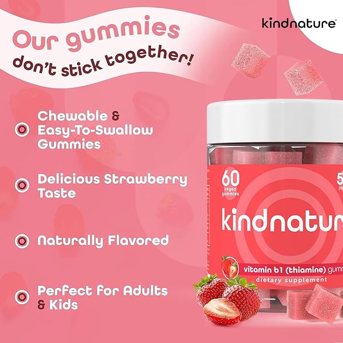 kindnature Vitamin B1 Gummies 500mg – High Potency Thiamine Supplement for Energy, Focus & Nervous System – Vegan, Non-GMO Chewable B1 Vitamins for Adults & Kids – Natural Strawberry Flavor – 60 Ct