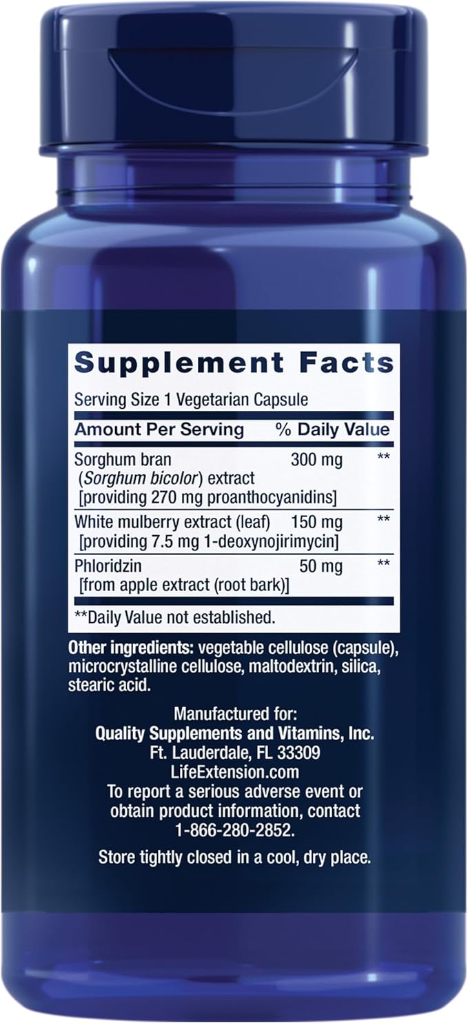 Life Extension Tri Sugar Shield®, Sorghum bran, White Mulberry, phloridzin Apple polyphenol, Three Botanical extracts Promote Healthy Glucose Metabolism, Gluten-Free, Non-GMO, Vegetarian, 60 Capsules