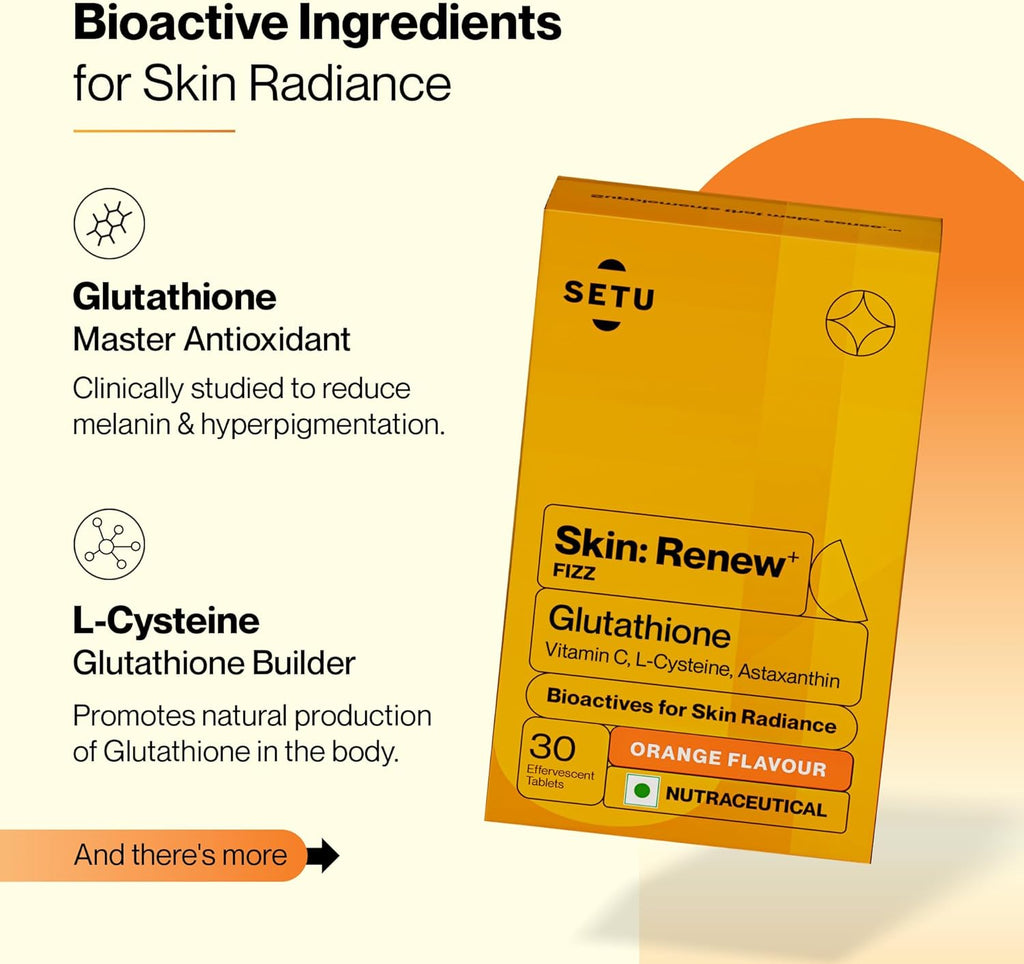 SETU Skin Renew, Glutathione with Vitamin C, Gluta Fizz, Supports Detoxification, Sugar-Free, Orange Flavour, 30 Effervescent Tablets