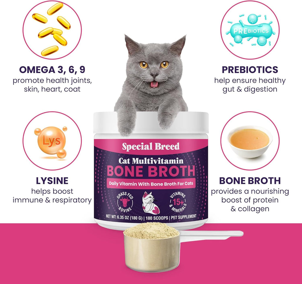 Cat Multivitamin with Grass-Fed Beef Bone Broth – Daily Supplement for Immune, Joint, Skin, Coat & Gut Health – Omega 3s, Lysine, Beta Glucan, Vitamins A-E, C, D – 180 Day Supply – No Fillers