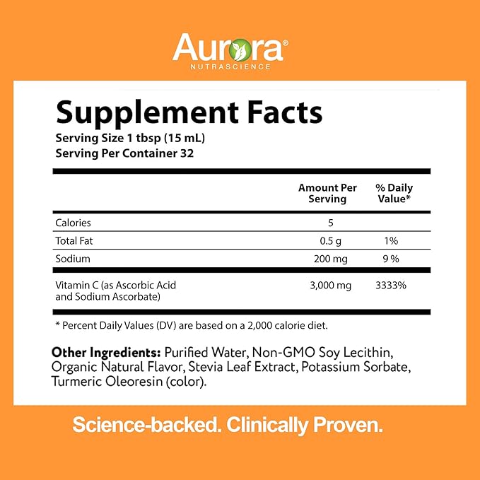 Vida Lifescience Aurora Nutrascience Mega-Pack Liposomal Vitamin C, Immune Support, 3,000 mg per Serving, Vegan, Gluten Free, Non-GMO, 32 Single Serve Packets, Orange