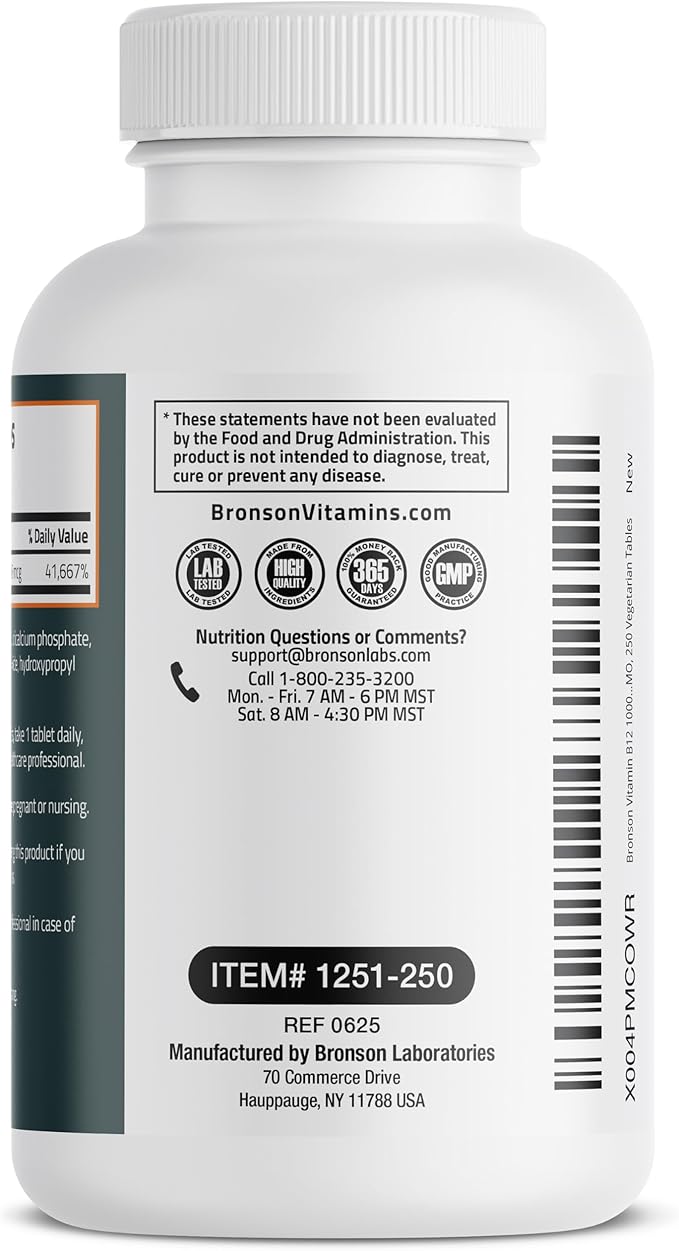 Bronson Vitamin B12 1000mcg Once Daily Formula Non-GMO, 250 Vegetarian Tablets