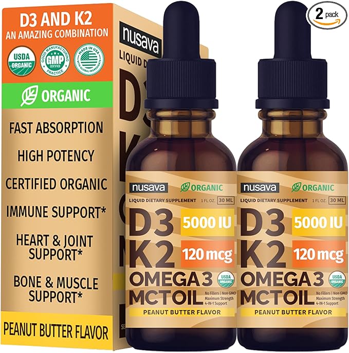 (2 Pack) Organic Vitamin D3 K2 Drops with MCT Oil Omega 3, 5000 IU, Maximum Strength Vitamin D Liquid, No Fillers, Non-GMO Liquid D3 for Faster Absorption, Immune Support (Peanut Butter, 2 Fl Oz)