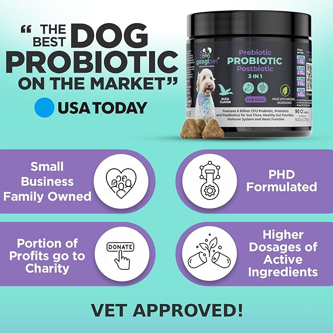Googipet Probiotics for Dogs Digestive Health - Prebiotics and Probiotics Chews for Dog Yeast Infection Treatment + Digestive Enzymes - Dog Probiotics for Itchy Skin & Ears w/Papaya, Pumpkin, & Fiber