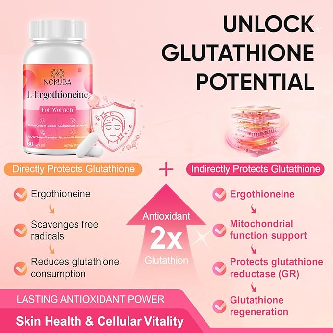 L-Ergothioneine with Collagen Peptides, Hyaluronic Acid | 2X Antioxidant of Glutathione | 11-in-1 Collagen Supplement for Women | Skin, Brain, Immune, Cognitive Support | 60 Capsules