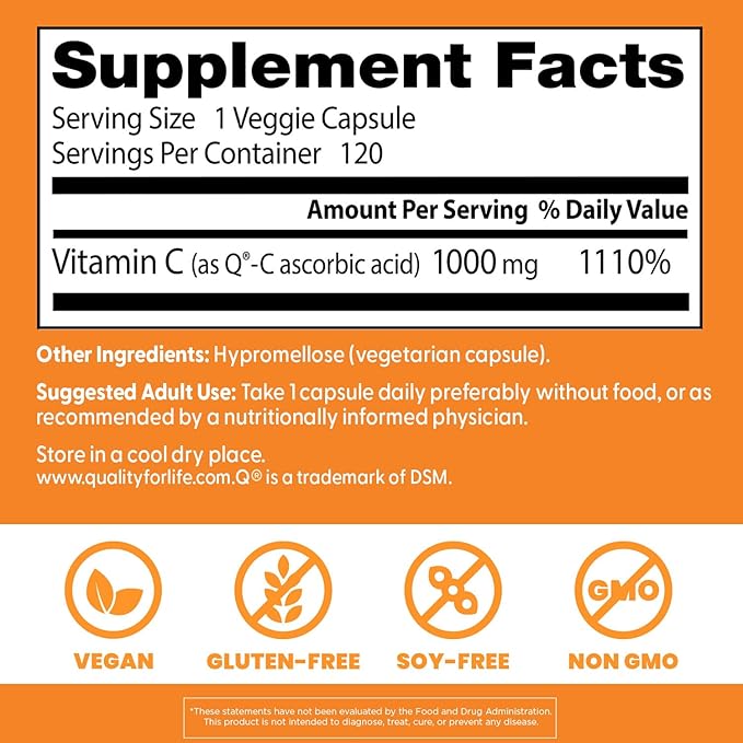 Doctor's Best Vitamin C with Q-C - Vitamin C 1000mg Non-GMO, Vegan, Gluten Free, Soy Free, Sourced from Scotland Veggie Caps, 120 Count