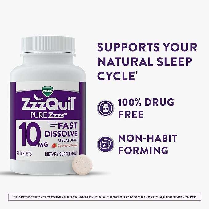 ZzzQuil Pure Zzzs Fast Dissolve Melatonin, Melatonin 10mg, Sleep Aid Supplement, Sleep Aids for Adults, Strawberry Flavored, 90 Fast Dissolve Melatonin Tablets