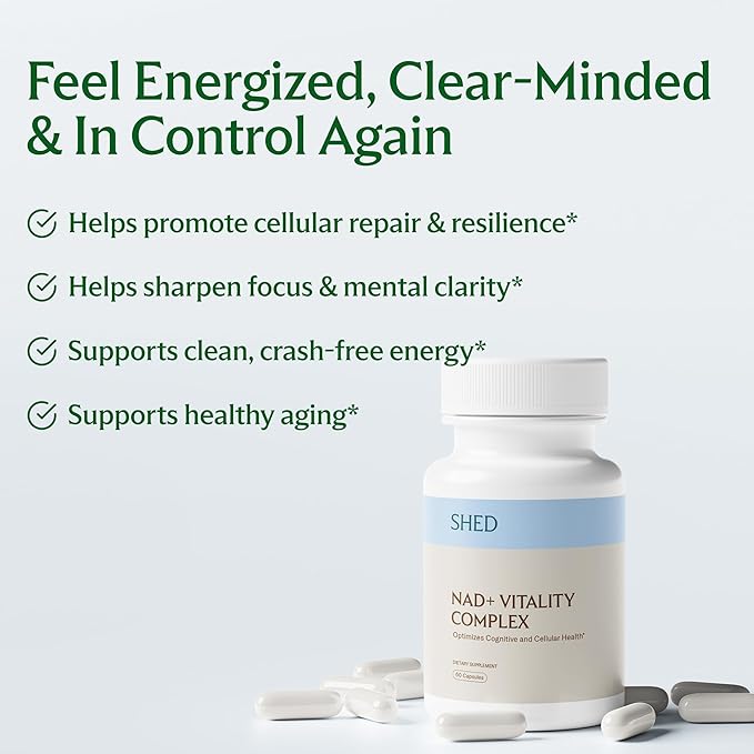 SHED NAD+ Supplement Vitality Complex with Nicotinamide Riboside (NR), Alpha-GPC, TMG & Methylated B Vitamins – Supports Energy, Focus, Cellular Health & Aging – 60 Capsules