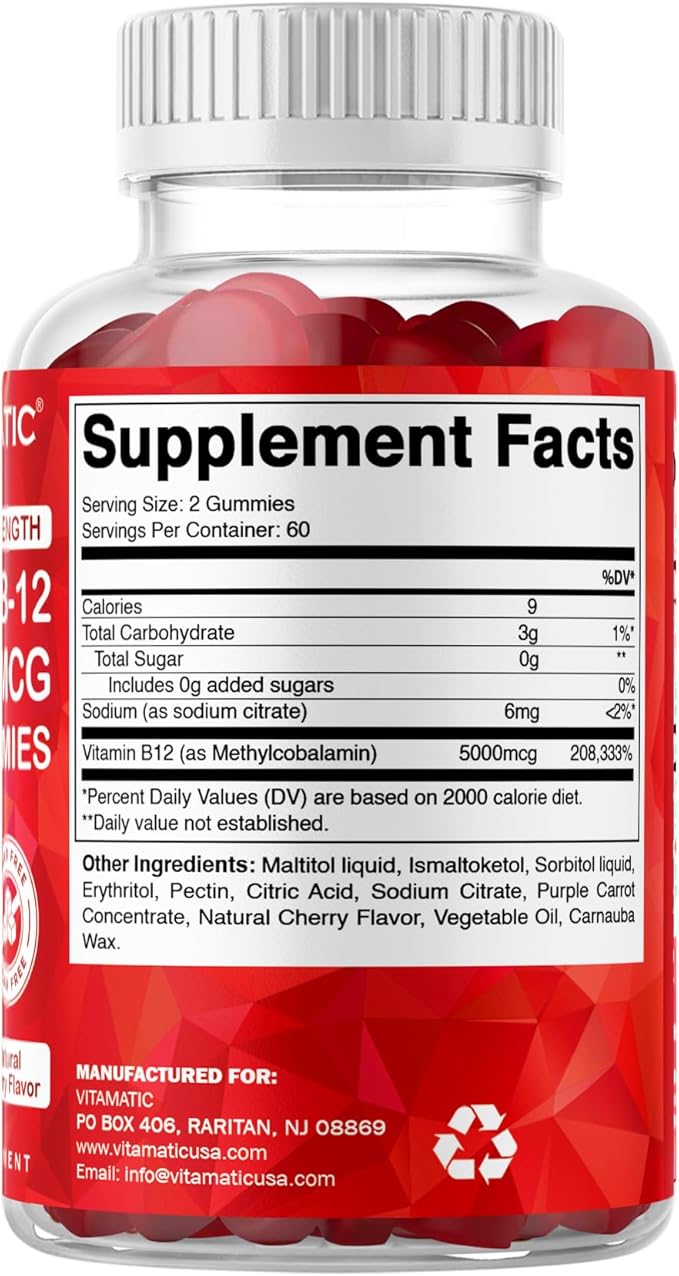 Vitamatic Extra Strength Vitamin B12 5000 mcg (Methyl B12) Gummies - 120 Count - Energy Metabolism Support and Nervous System Health Support, Natural Cherry Flavored (3)