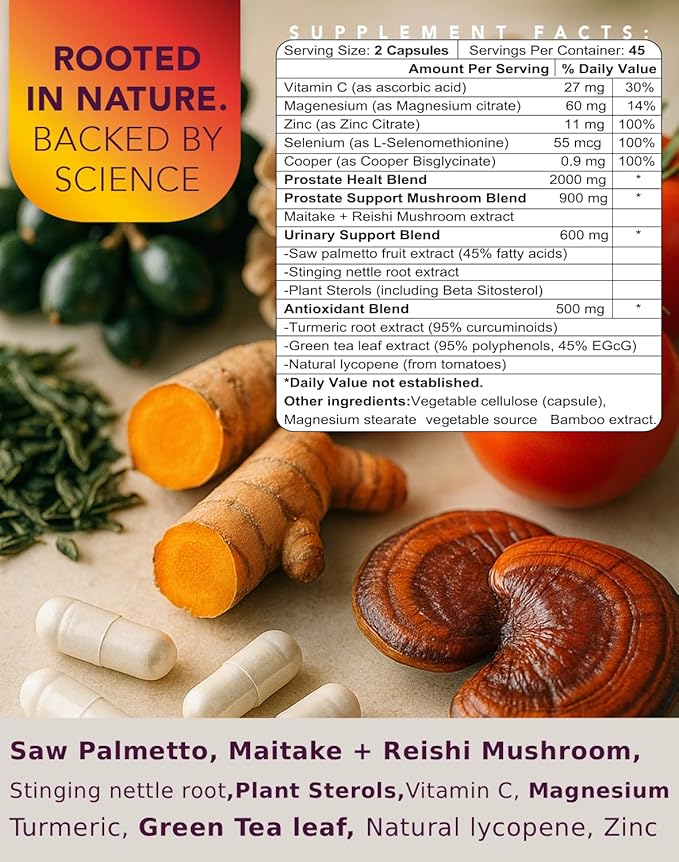 Saw Palmetto for Men - Prostate Health Supplements - Urinary and Prostate Supplement Support Antioxidant - Mushroom Blend Turmeric - 90 Capsules 45 Day Supply