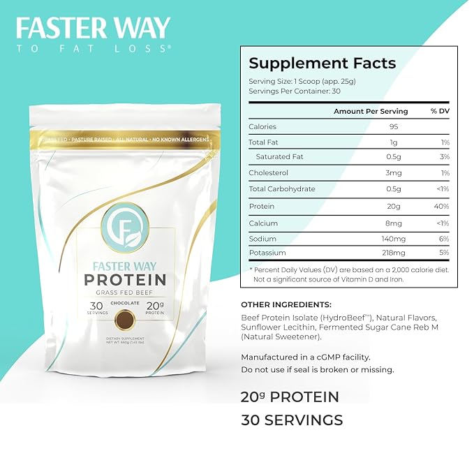 Faster Way - Protein Powder - Hydrolyzed Grass Fed Beef - 20g of Protein Per Serving - Muscle Growth & Recovery - 9 Essential Amino Acids - Sugar, Gluten & Dairy Free - Non-GMO -Chocolate -30 Servings