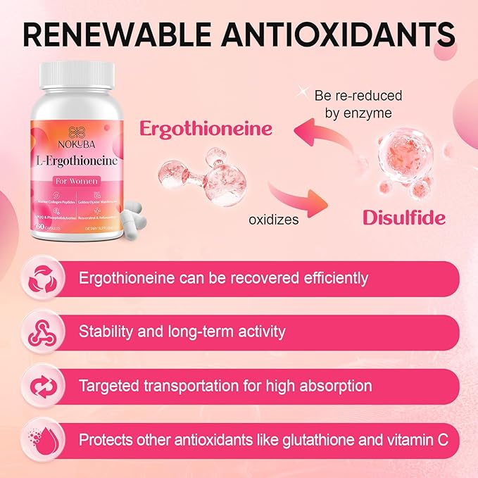 L-Ergothioneine with Collagen Peptides, Hyaluronic Acid | 2X Antioxidant of Glutathione | 11-in-1 Collagen Supplement for Women | Skin, Brain, Immune, Cognitive Support | 60 Capsules