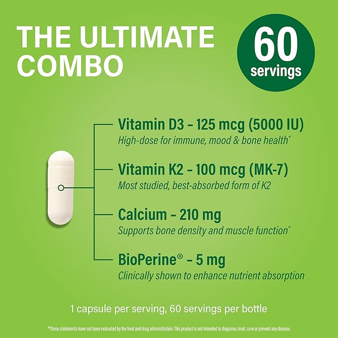 Noophoric D3 K2 Vitamin 5000 IU - Vitamin K2 100 mcg MK7, Calcium, BioPerine - Bone Health & Immune Support Supplement - Gluten-Free, Non-GMO - Vitamin D3 K2 Supplement (60 Servings)