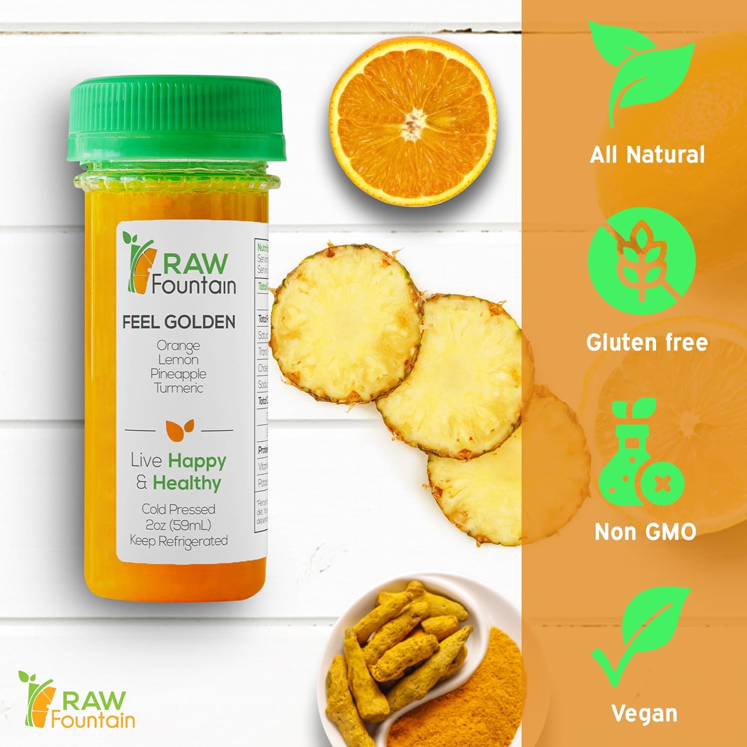 20 Immunity Shots w/Orange, Lemon, Pineapple, Turmeric 2fl Oz, Packed w/Vitamin C, Raw, Cold Pressed, Unpasteurized, Boosts Immunity, All Natural, No Artificial Flavors or Preservatives