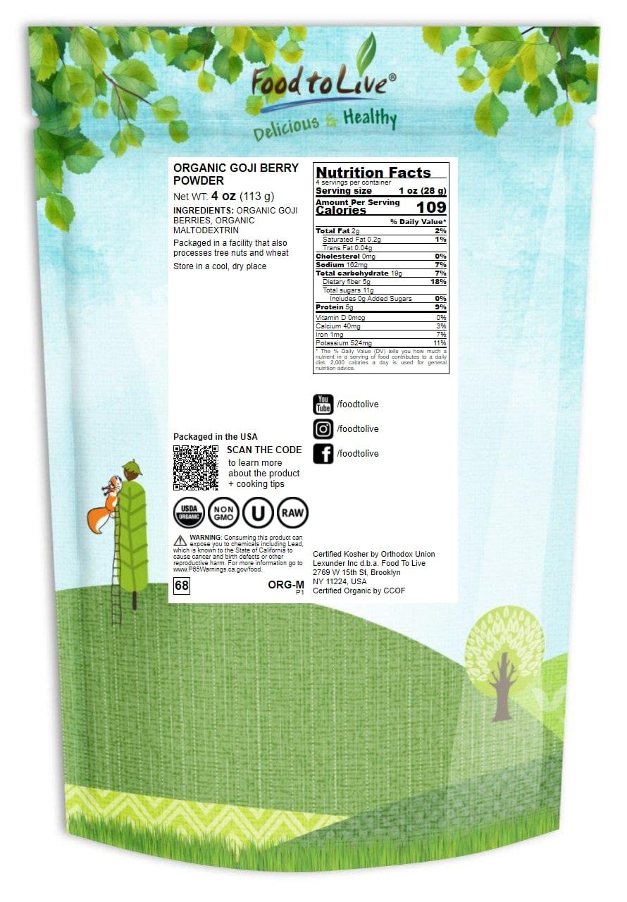 Food to Live Organic Goji Berry Powder, 4 Ounces Non-GMO, Kosher, Vegan, Bulk, Contains Maltodextrin