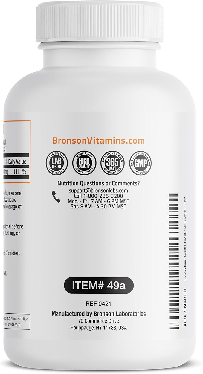 Bronson Vitamin C Powder Pure Ascorbic Acid Soluble Fine Non GMO Crystals – Promotes Healthy Immune System and Cell Protection – Powerful Antioxidant - 1 Pound (16 Ounces)