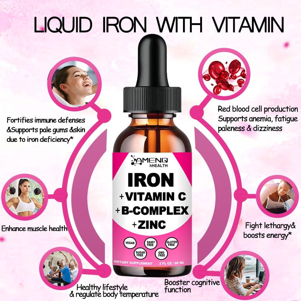 Iron Supplement for Women Men & Kids, Iron Vitamin C, A, B-Complex, Vegan Iron Drops High Potency Liquid Vitamin & Iron Supplements for Anemia, Red Blood Cell, Energy, Blood Builder, Gentle Iron