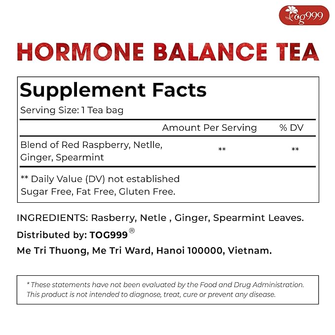TOG999, 60 Tea Bags for Hormone Balance Menstrual Cycle Support, 100% Natural & Pure from Red Raspberry Leaves with Spearmint Flavor. Natural Material Tea Bags. No Sugar, No Caffeine, Vegan.