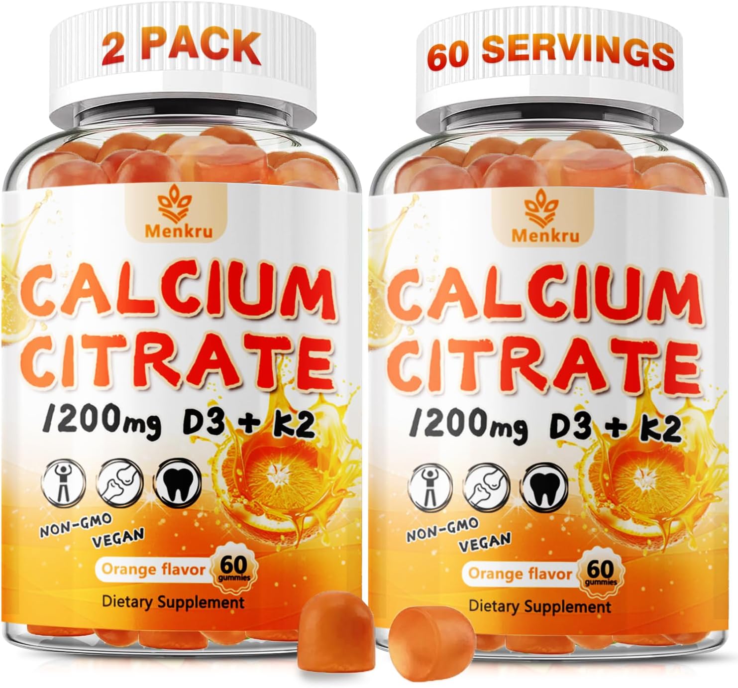 (2 Pack) Calcium Citrate Gummies,Calcium 1200 mg with Vitamin D3 and K2 for Women & Men.Supports Bone Muscle & Teeth - Natural Orange Flavor,120 Gummies- 60 Day Vegan Supply