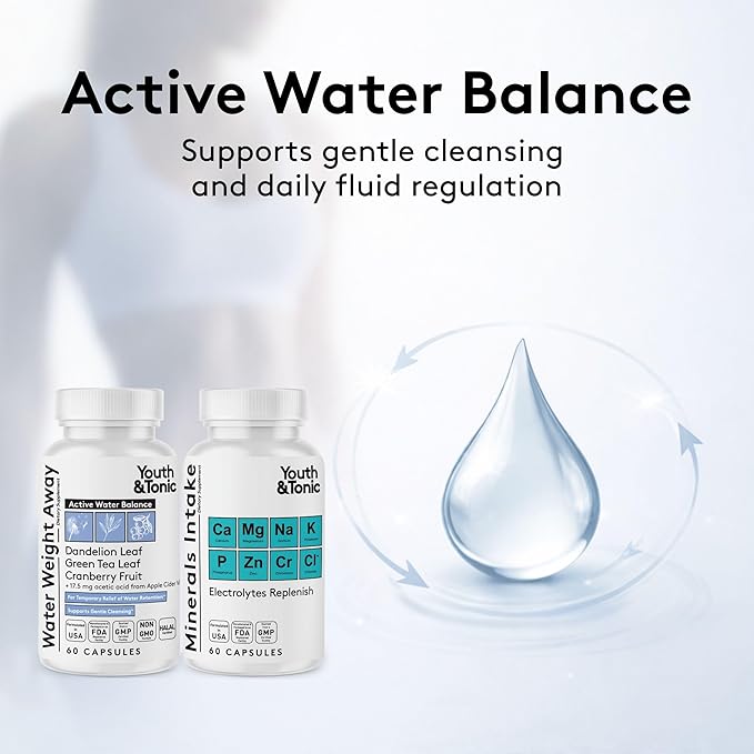 Youth & Tonic Water Weight Away Pills – Debloating & Water Retention Support for Belly Bloating, Natural Diuretic for Women & Men + Minerals Intake Electrolytes for Fluid Balance, 120 Capsules