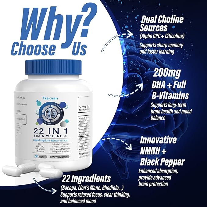 Brain Supplements for Memory and Focus, Clarity & Cognitive Improvement, 300mg Alpha GPC, CDP-Choline, DHA, Lion’s Mane, L-Theanine, Vitamin & Phosphatidylserine for Men & Women, 120 Capsules