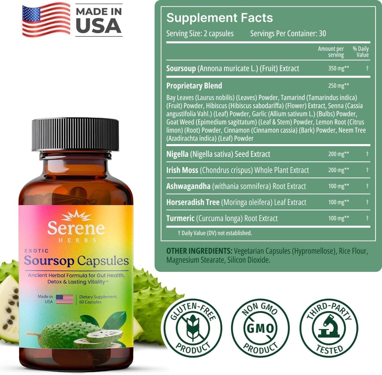 Serene Herbs Graviola Soursop Capsules Organic - Guanabana Extract Pills with Black Seed, Irish Moss & Moringa - 16 Herb Daily Supplements & Digestive Support - Vegan, Non-GMO - 7,000 mg - 60 Count