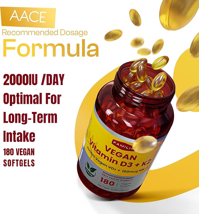 FAMILI+ 180 Days Vegan Vitamin D3+K2 Softgel with Coconut MCT Oil | 2000IU Plant Source Vitamin D3 + 100 mcg Vitamin K2 MK-7 | for Bone, Muscel, Immune, Teeth & Heart Health | 100% Vegan no-Gelatin