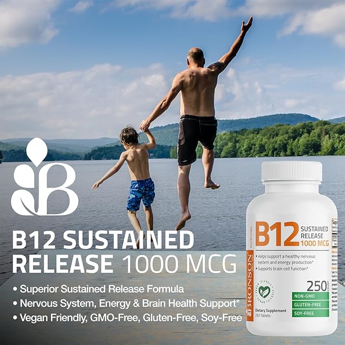 Bronson Vitamin B12 1000 mcg Sustained Release Premium Non GMO Tablets Supports Nervous System, Healthy Brain Function and Energy Production, 250 Count