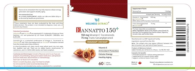 WELLNESS EXTRACT Eannatto 150mg Vitamin E Tocotrienols Supplement with GG - Healthy Aging 60 softgels.