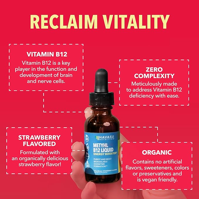 USDA Organic Vitamin B12 Liquid Drops - Methylcobalamin for Enhanced Energy and Nervous System Support - 30 Servings - Highly Bioavailable for Absorption - Non-GMO, Vegan, Strawberry Flavor, 1 Fl Oz