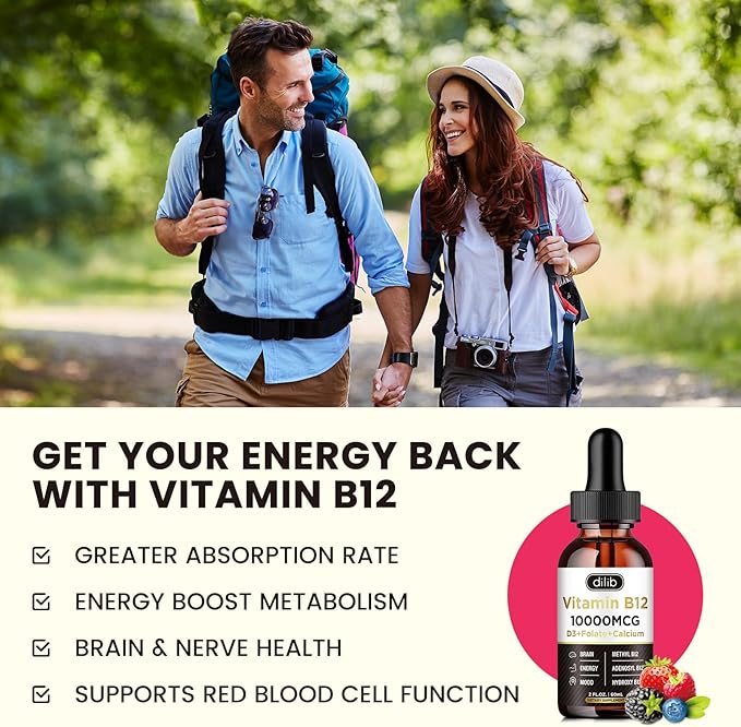 Vitamin B12 Complex 10000 mcg | Vegan Triple Liquid B-12 Drops Sublingual Supplement | Methylcobalamin & Adenosylcobalamin & Hydroxo Blend for Long-Lasting Energy and Healthy Metabolism Berry Flavor